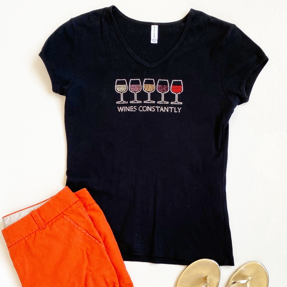 "Wine Constantly" Black Rhinestone Tee Size Large